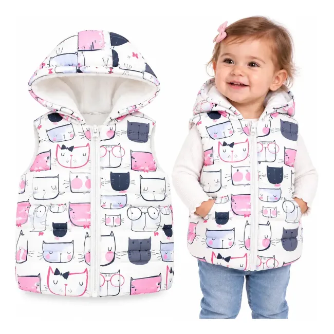 Chaleco afelpado de invierno diseño gatitos con gorro blanco 120 Chaleco afelpado de invierno diseño gatitos con gorro blanco 120