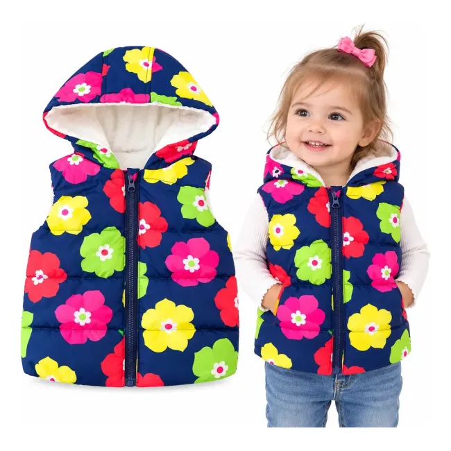 Chaleco afelpado de invierno diseño flores con gorro azul 100 Chaleco afelpado de invierno diseño flores con gorro azul 100